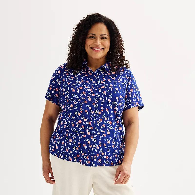 Plus Size Croft & Barrow® Camp Shirt, Women's, Size: 0X, Orange Painted Blooms Product Image