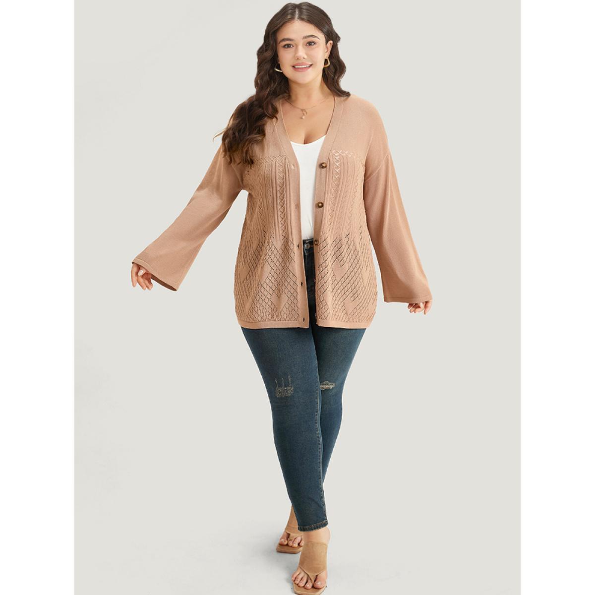 Plus Size Geometric Hollow Out Button Up Cardigan Tan Women Casual Loose Long Sleeve Everyday Cardigans BloomChic 30/6X Product Image