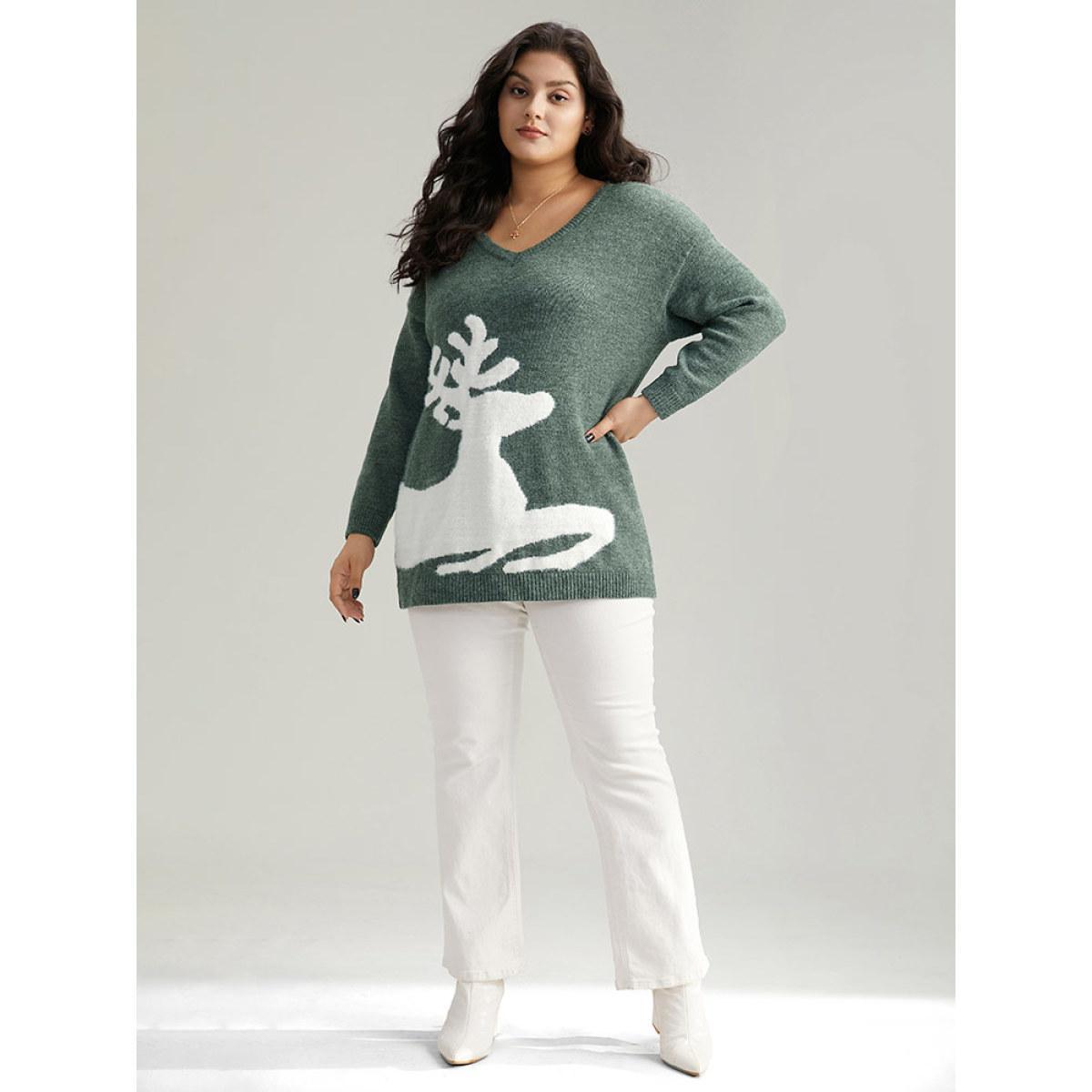 Plus Size Anti-Pilling Elk Print Drop Shoulder Pullover DarkGreen Women Casual Loose Long Sleeve V-neck Festival-Christmas Pullovers BloomChic 26/4X Product Image