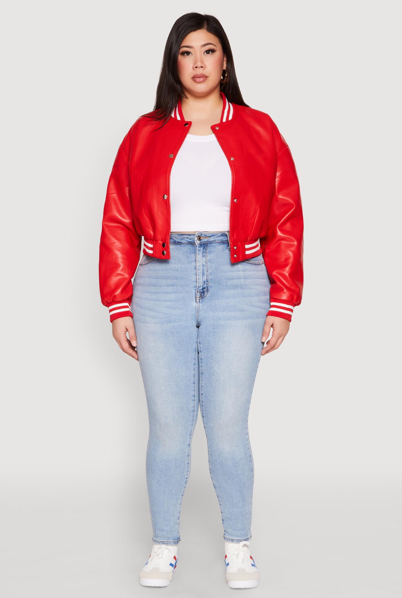 Womens Plus Size Daisy Faux Leather Varsity Jacket Product Image