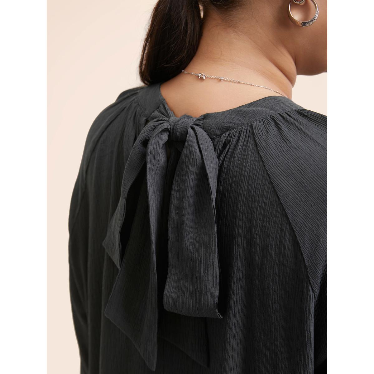 Plus Size Black Textured Ribbon Collar Blouse Women At the Office Long Sleeve Ribbon-tied collar Work Blouses BloomChic 14-16/1X Product Image