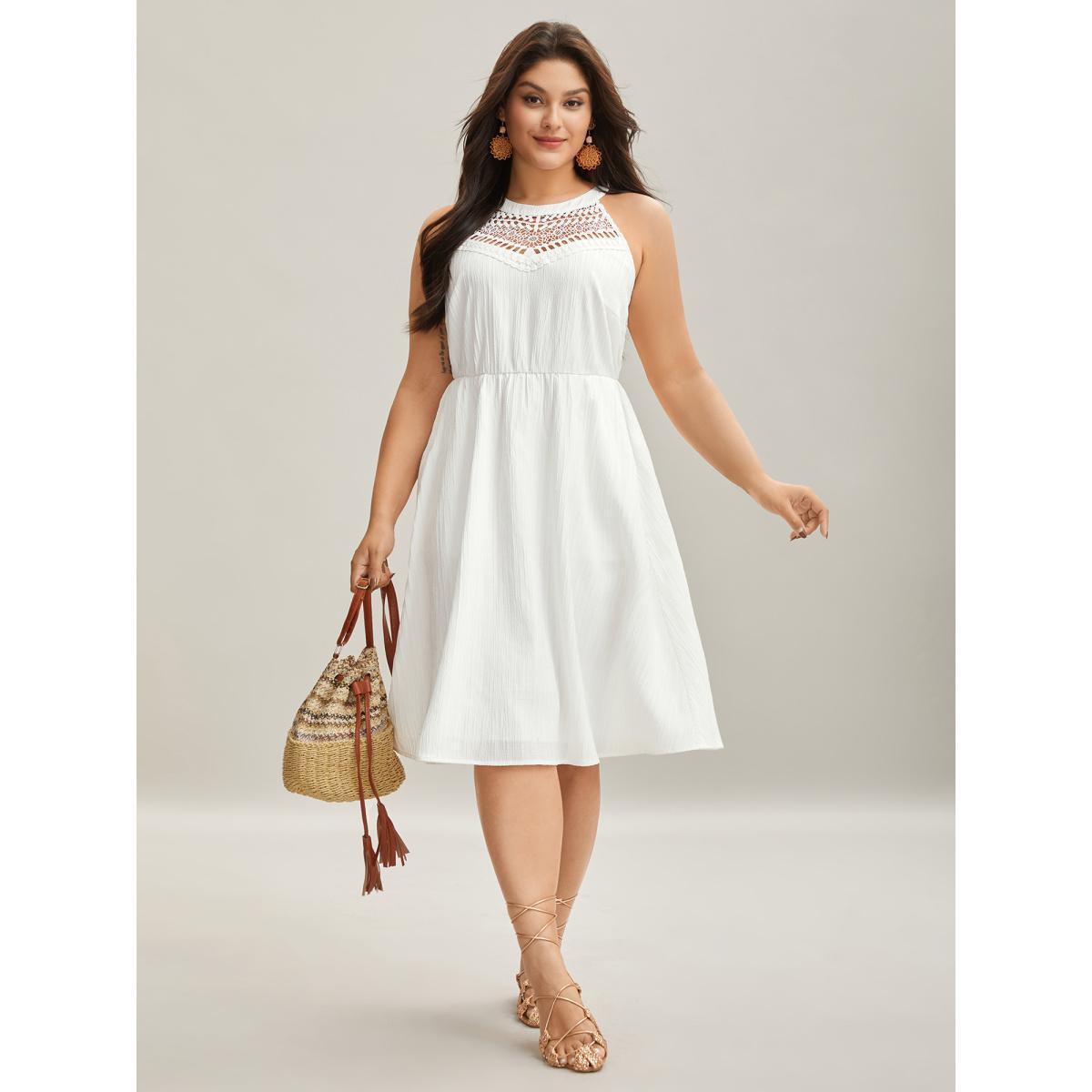 Plus Size Neck Cut-Out Pockets A-Line Midi Dress WhiteSmoke Women Resort Woven ribbon&lace trim Round Neck Sleeveless Curvy BloomChic 28/5X Product Image