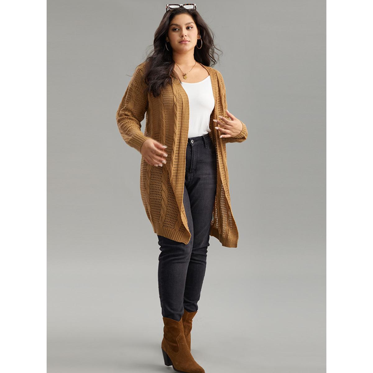 Plus Size Plain Cable Knit Elastic Cuffs Cardigan Bronze Women Casual Loose Long Sleeve Dailywear Cardigans BloomChic 14-16/1X Product Image