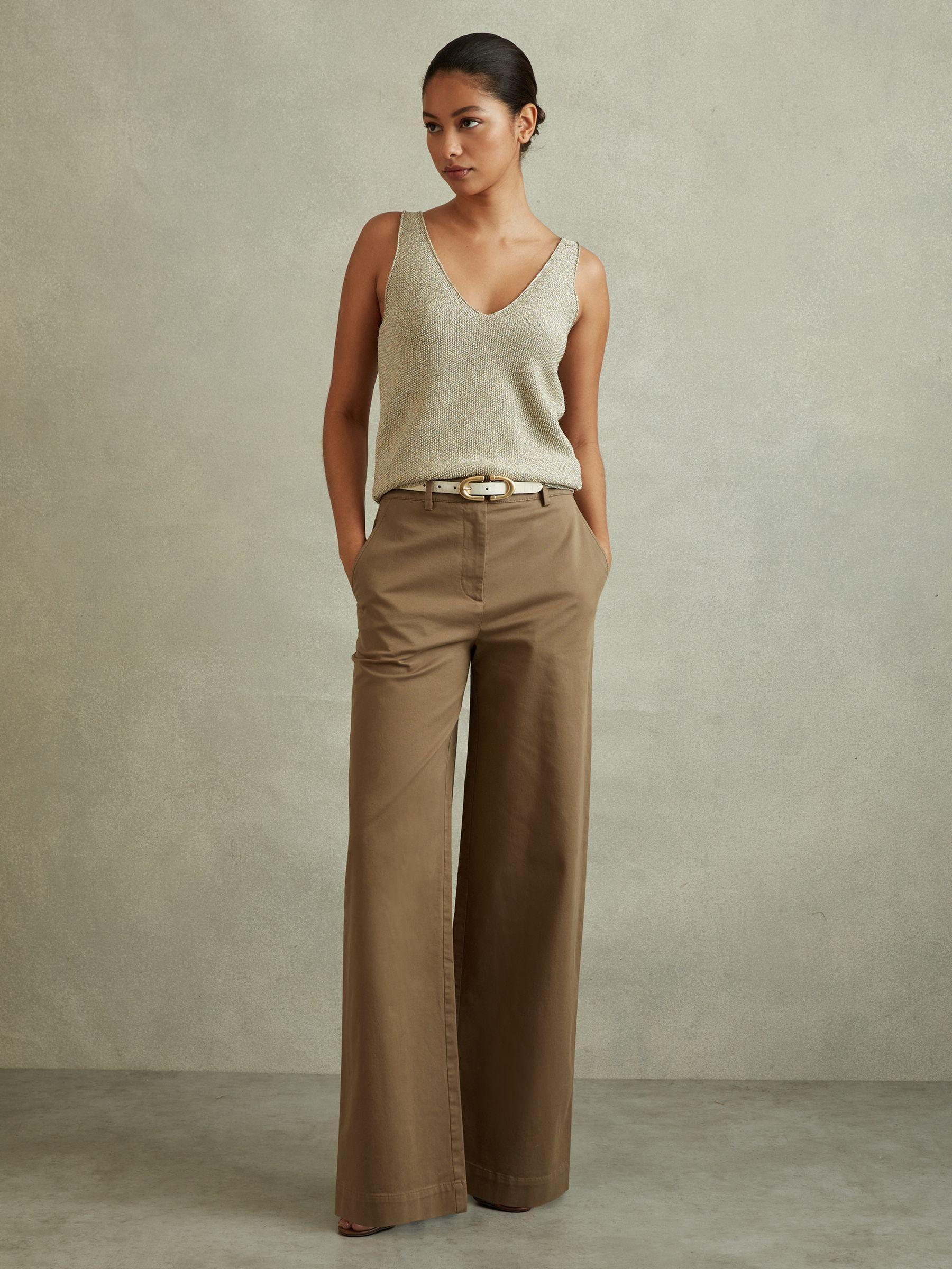 Cotton Blend Wide Leg Trousers in Dark Camel Product Image
