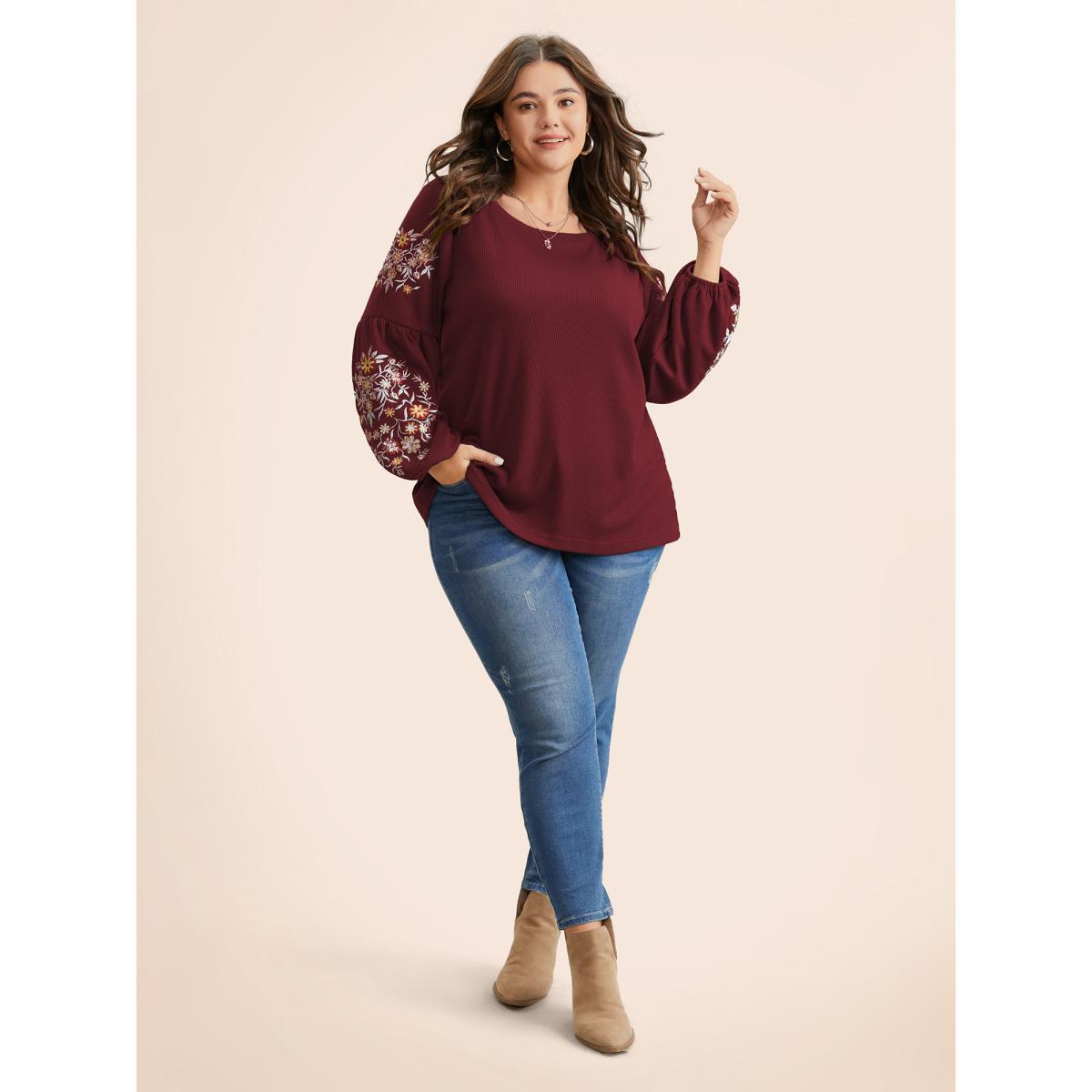 Plus Size Waffle Knit Floral Embroidered Lantern Sleeve T-shirt Burgundy Women Elegant Texture Floral Round Neck Everyday T-shirts BloomChic 12/L Product Image