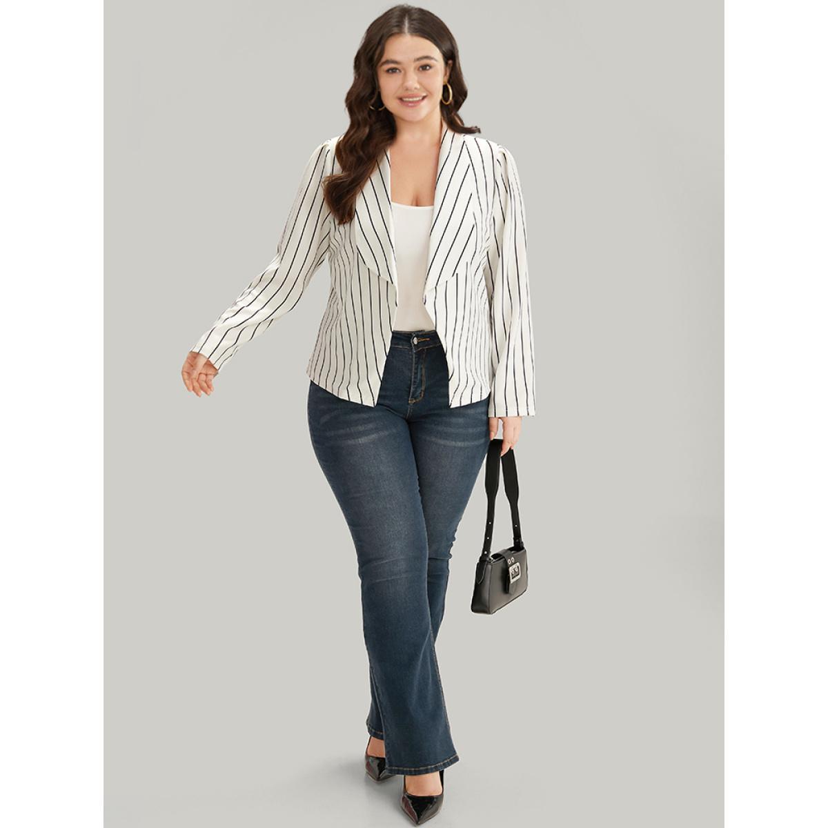 Plus Size Striped Lapel Collar Open Front Blazer White Women Work Striped Asymmetrical Sleeve Long Sleeve Lapel Collar 14-16/1X At the Office Blazers BloomChic Product Image