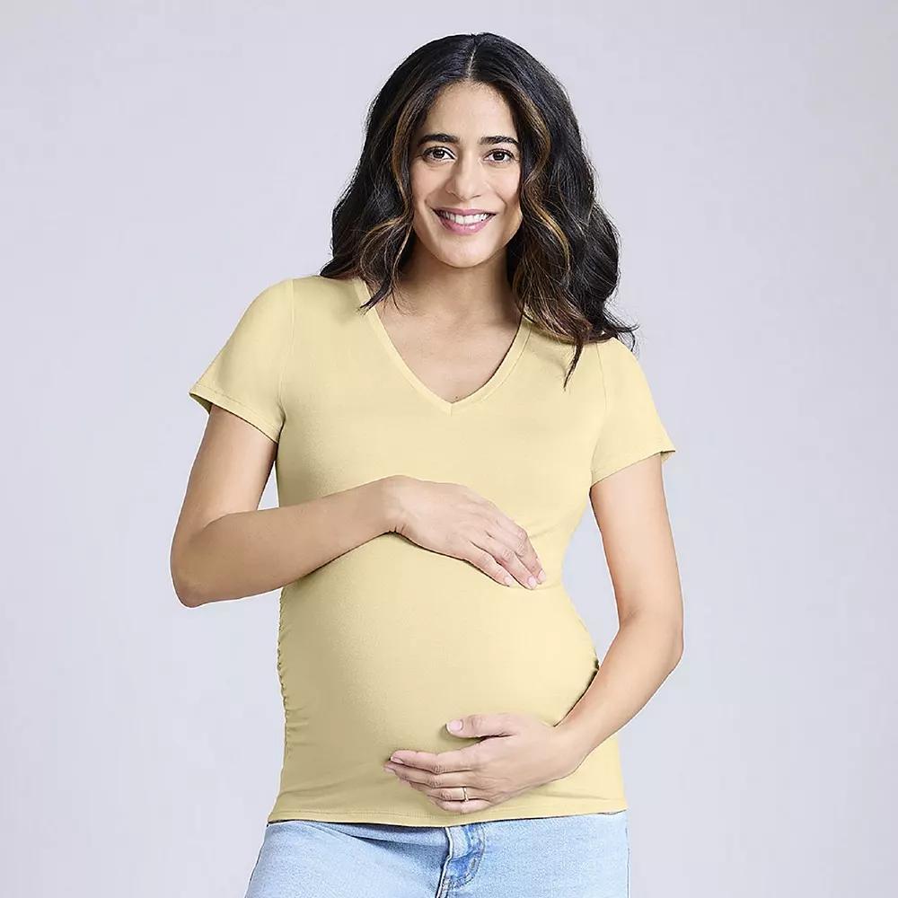 Maternity Motherhood® Side Ruched V-Neck Tee, Women's, Size: Medium-Mat, French White Product Image