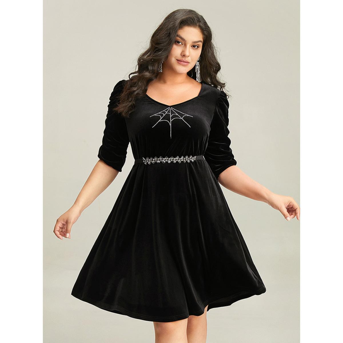Plus Size Halloween Velvet Rhinestone Pocket Dress Black Women Elegant Rhinestone detailing Square Neck Half Sleeve Curvy Knee Dress BloomChic 30/6X Product Image