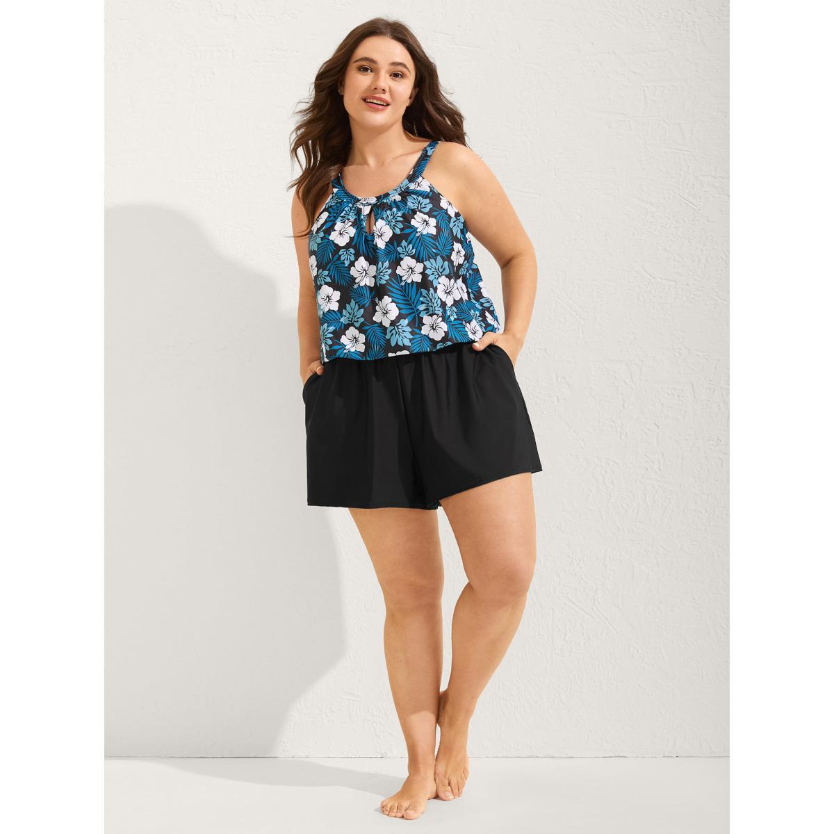 Plus Size Floral Print Keyhole Pockets Swim Romper Women's Swimwear Skyblue Beach Curve Bathing Suits High stretch One Pieces BloomChic 12/L Product Image