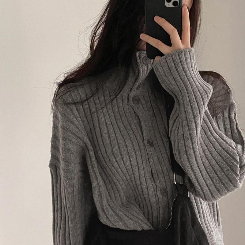 Stand Collar Plain Ribbed Cardigan Product Image
