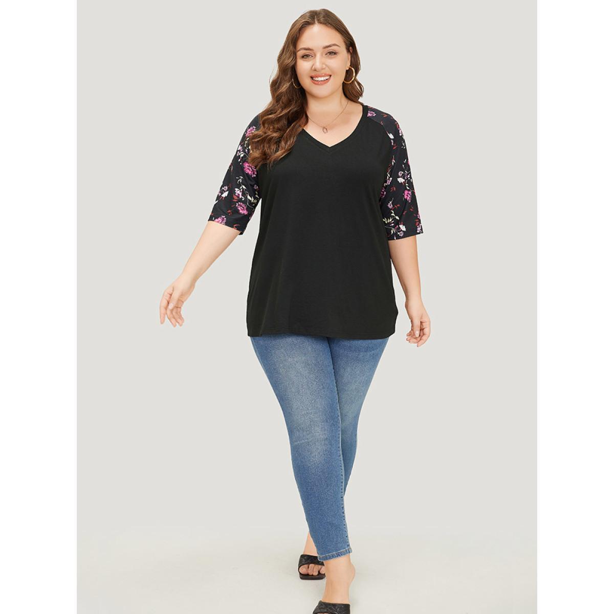 Plus Size Floral Patchwork Raglan Sleeve T-shirt Black Women Elegant Patchwork Floral V-neck Work T-shirts BloomChic 14-16/1X Product Image