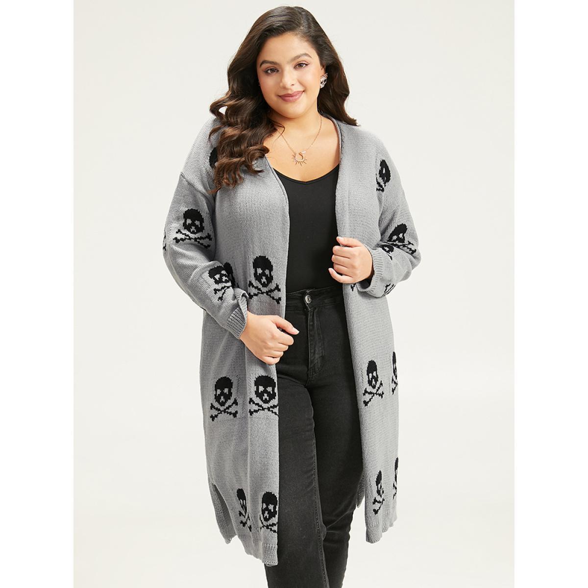 Plus Size Halloween Skull Print Split Side Drop Shoulder Maxi Cardigan Gray Women Casual Loose Long Sleeve Festival-Halloween Cardigans BloomChic 18-20/2X Product Image