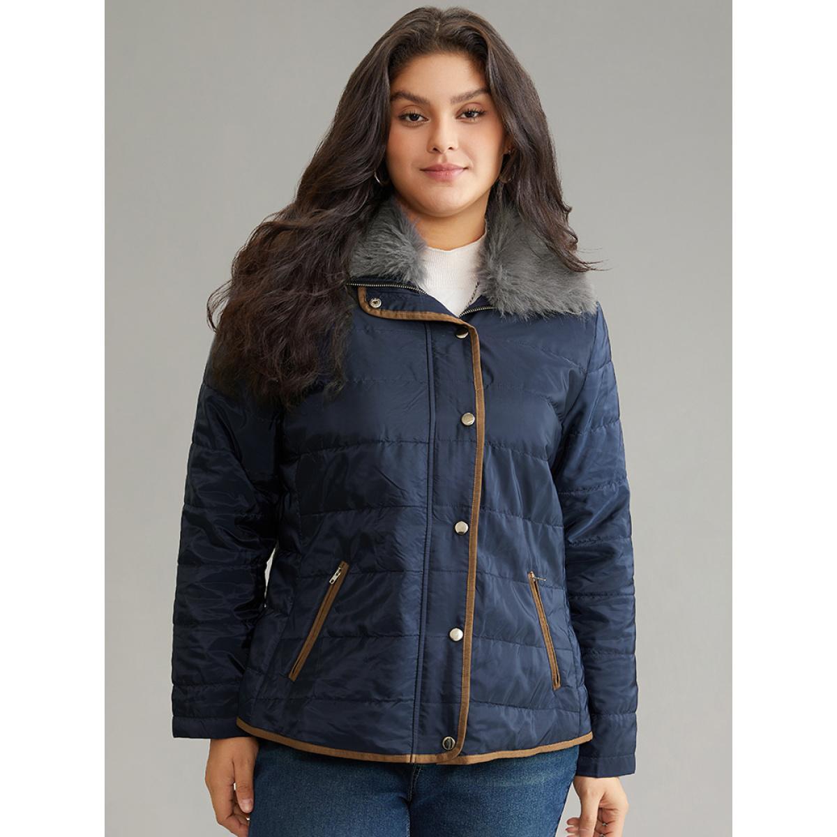 Plus Size Fuzzy Trim Patchwork Zipper Padded Jacket Women Indigo Zipper Pocket Dailywear Jackets BloomChic 28/5X Product Image