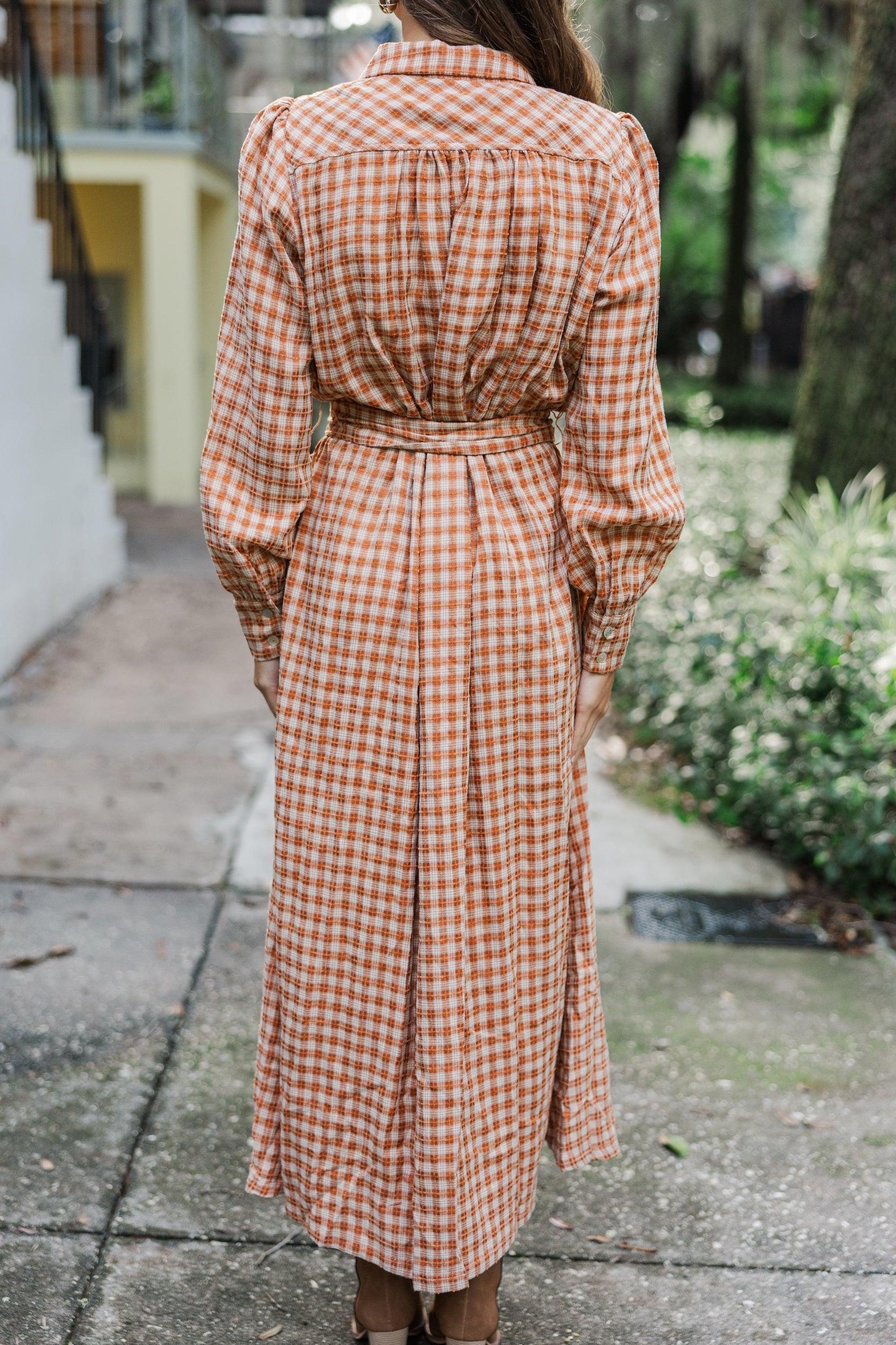 Harvest Wishes Rust Orange Gingham Midi Dress Female Product Image