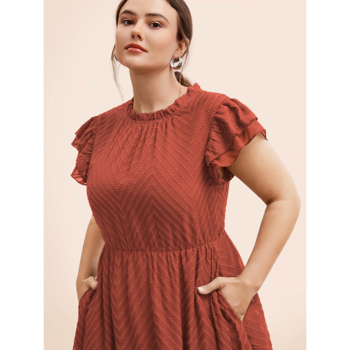 Plus Size Plain Geometric Layered Sleeve Pocket Ruffle Mock Neck Dress Russet Women Office See through Round Neck Cap Sleeve Curvy Midi Dress BloomChic 18-20/2X Product Image