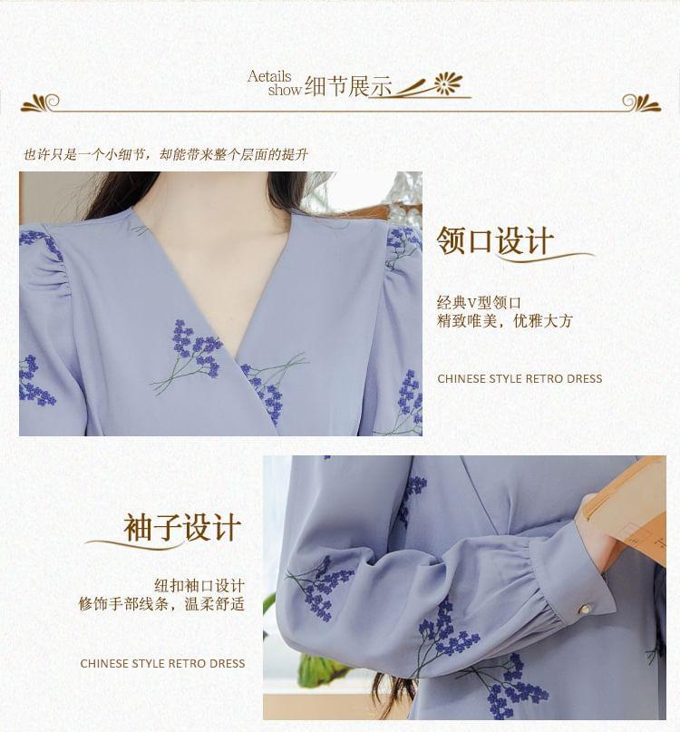 Long Sleeve V-Neck Floral Embroidered Midi A-Line Wrap Dress Product Image