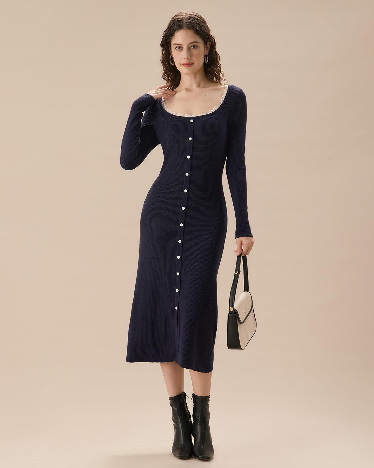 Navy Contrasting Button-Up Sweater Dress Product Image