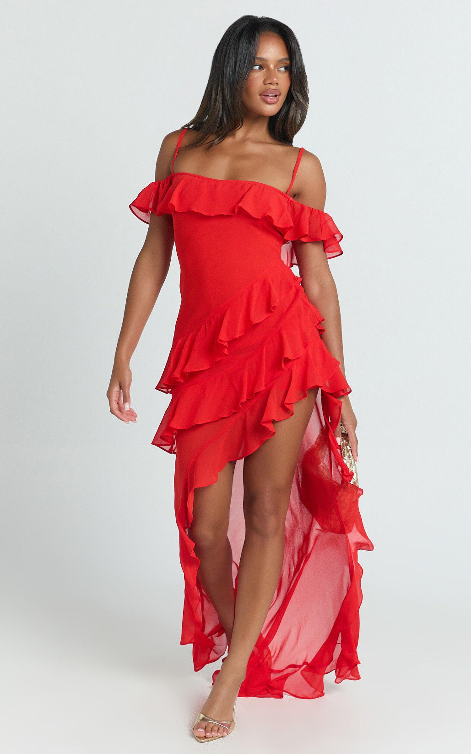 Brigitte Maxi Dress - Halter Off Shoulder Georgette Ruffle Tiered Dress in Red Product Image