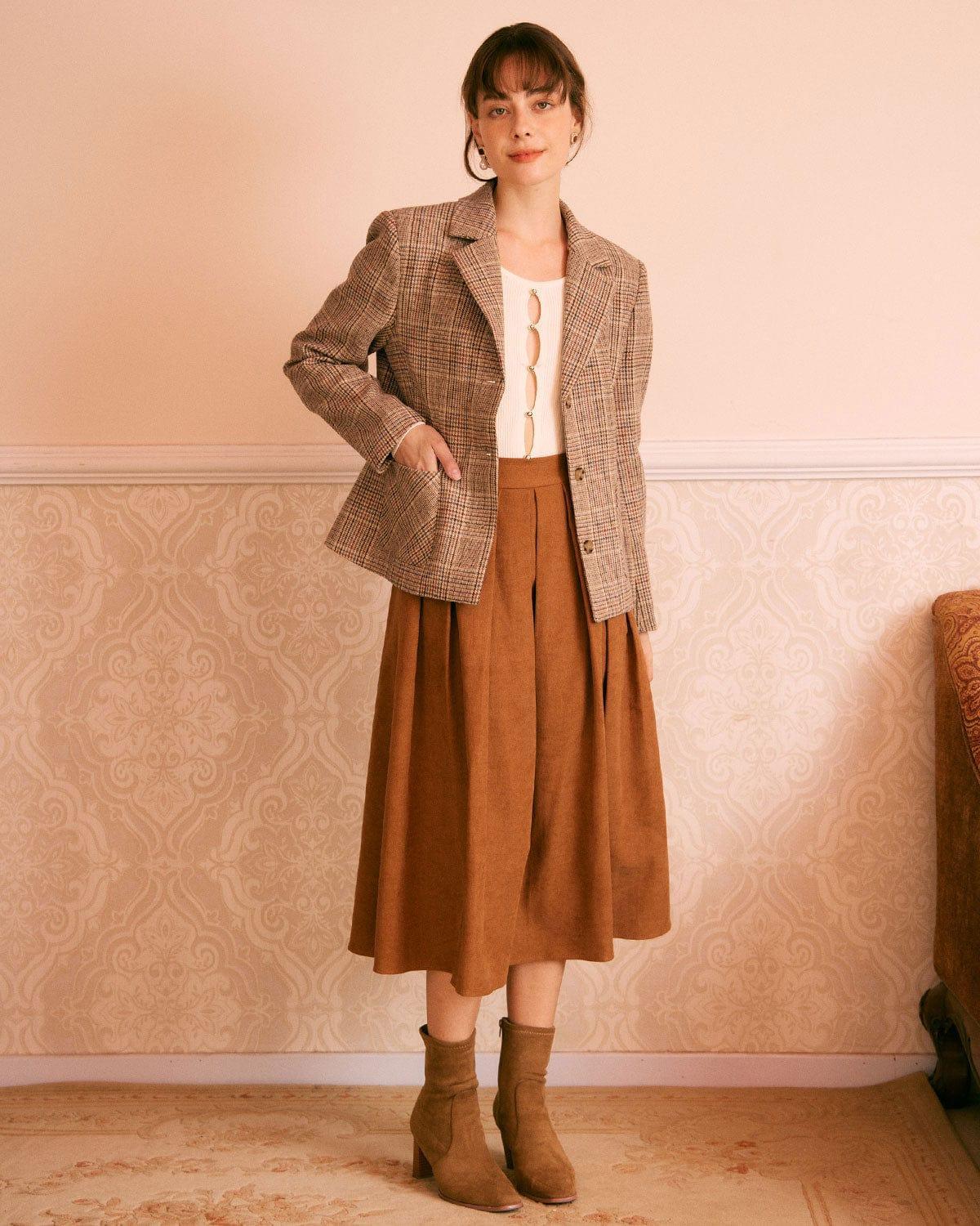 The Khaki Lapel Plaid Single Breasted Blazer Product Image