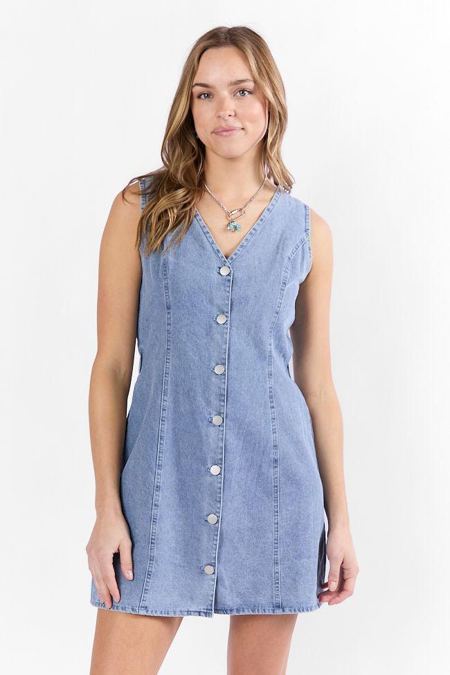 Strike A Chord Light Wash Denim Button Front Dress Product Image