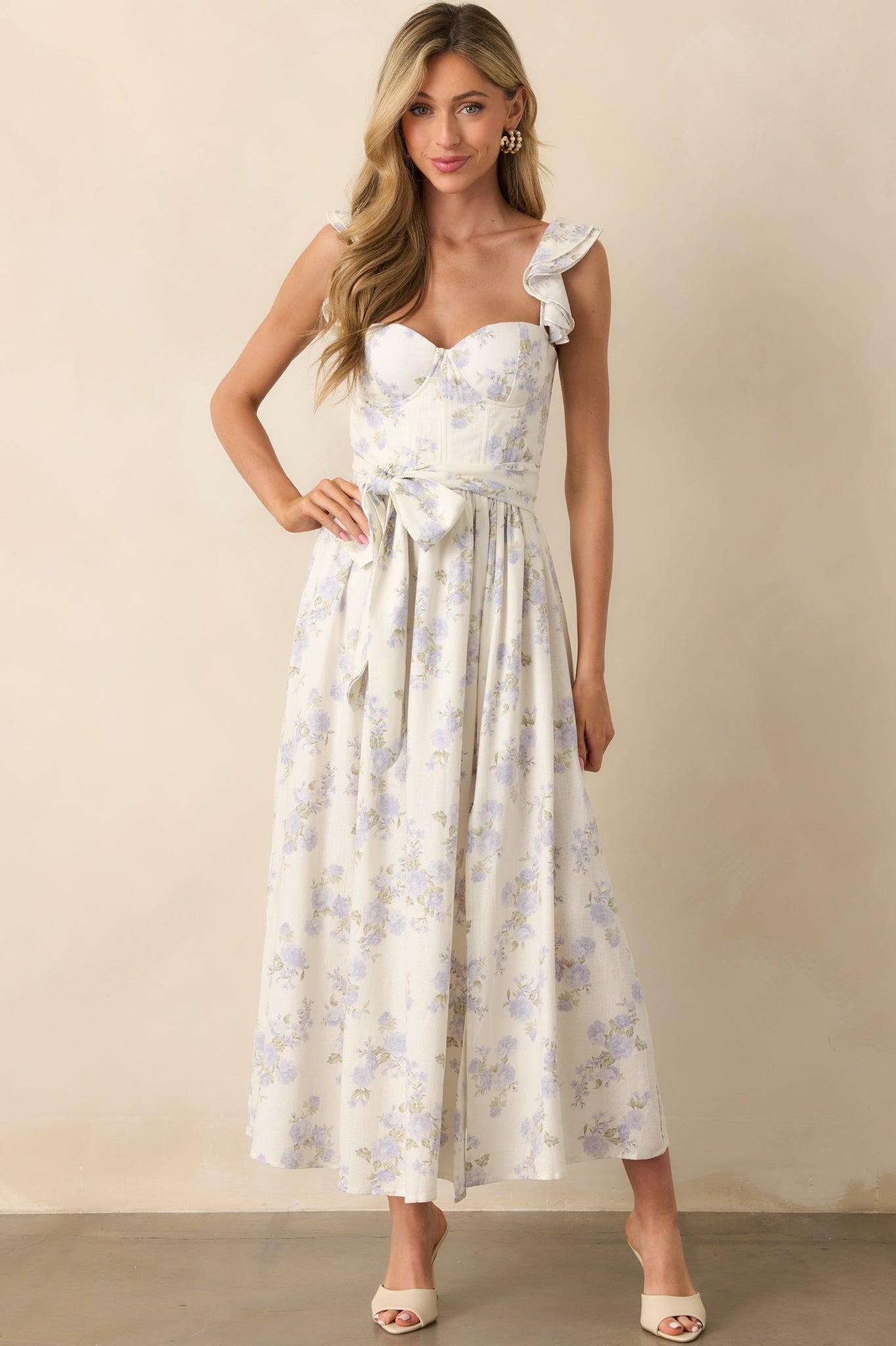 Aimee Lavender Floral Print Linen Blend Bustier Maxi Dress Product Image