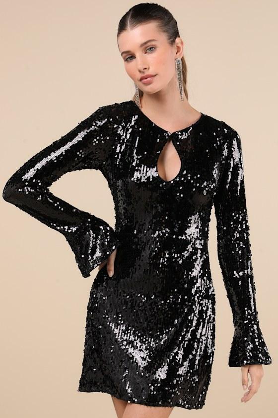 Fabulous Sparkle Black Sequin Cutout Long Sleeve Mini Dress Product Image