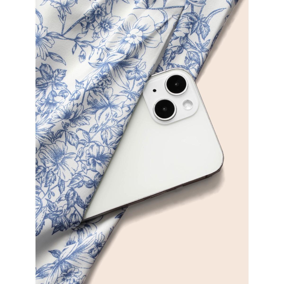 Plus Size Square Neck Floral Tucked Seam Dress Skyblue Women Elegant Tucked seam Square Neck Short sleeve Curvy BloomChic 26/4X Product Image