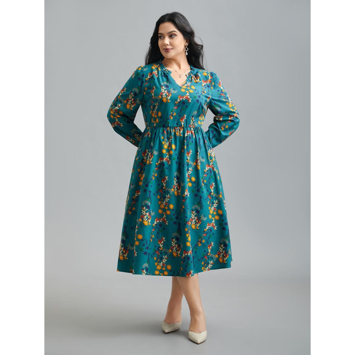 Plus Size Floral Print Ruffled Notched Collar Midi Dress Aegean Women Elegant Gathered Notched collar Long Sleeve Curvy BloomChic 12/L Product Image