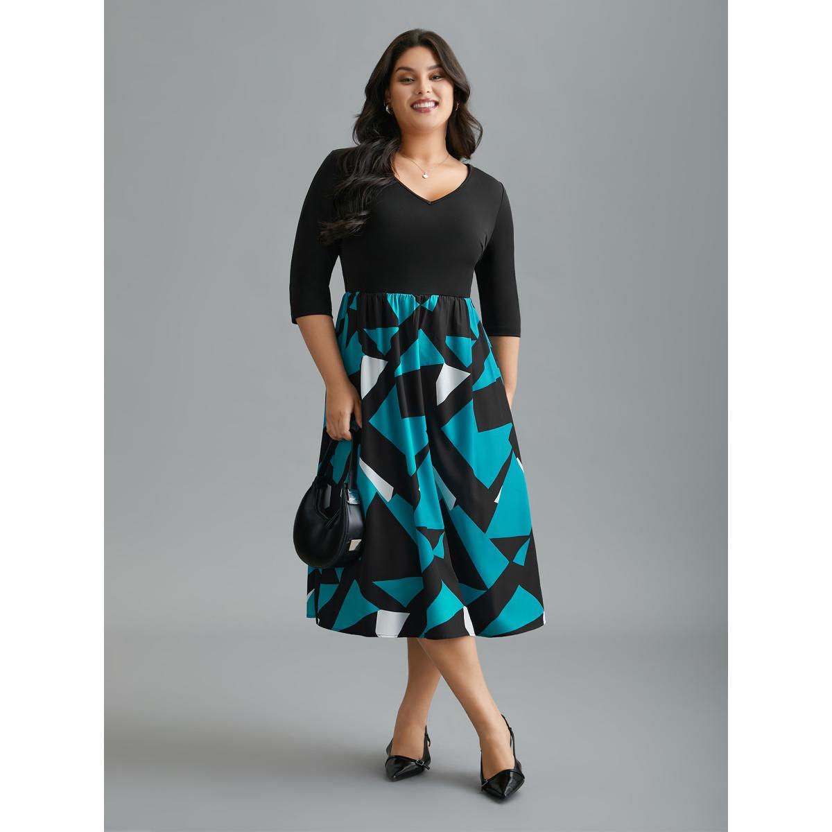 Plus Size V-Neck Geometric Color Contrast Dress Black Women At the Office Patchwork V-neck Elbow-length sleeve Curvy BloomChic 28/5X Product Image