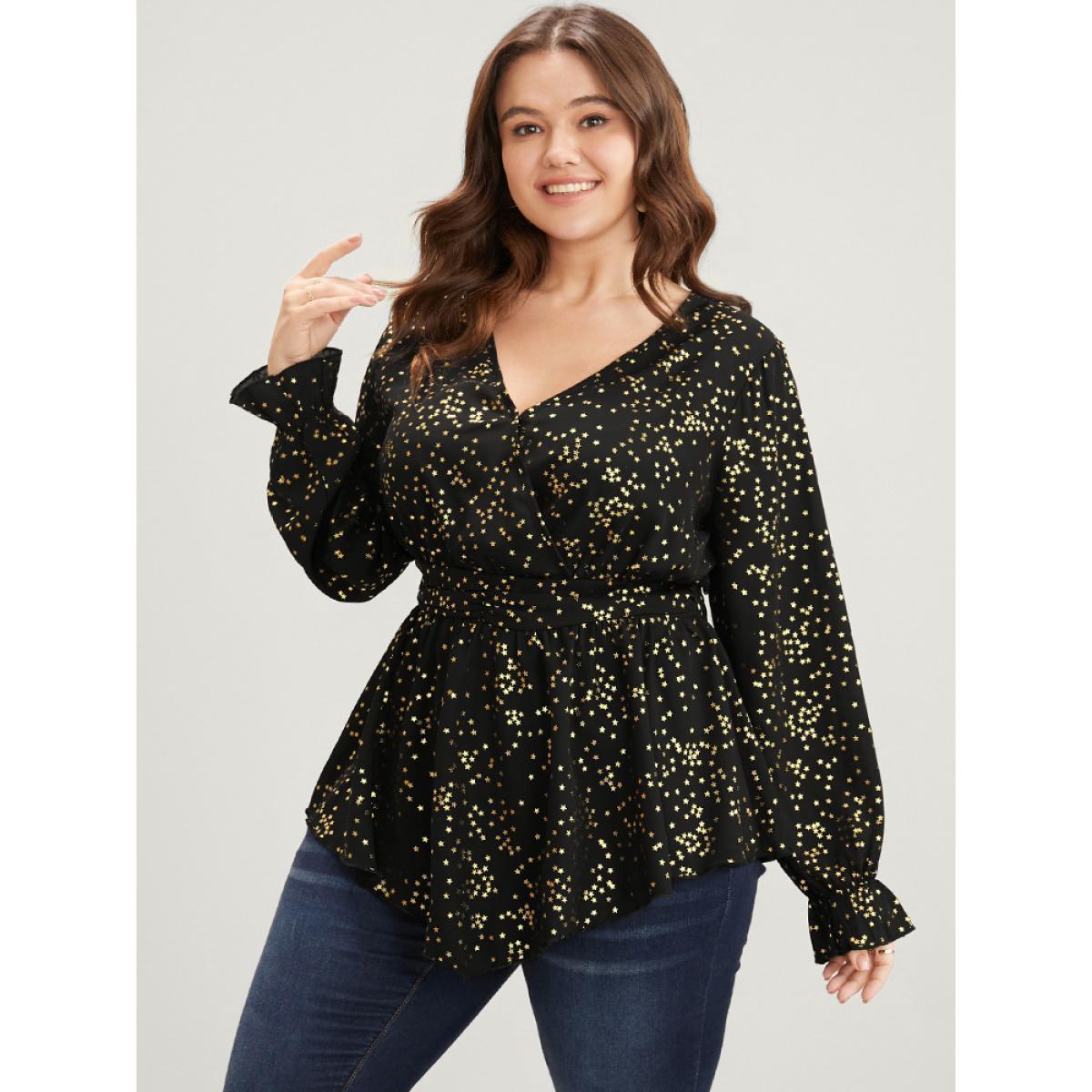 Plus Size Black Star Print Lantern Sleeve Asymmetrical Ruffles Hem Wrap Blouse Women Party Long Sleeve V-neck Going out Blouses BloomChic 26/4X Product Image