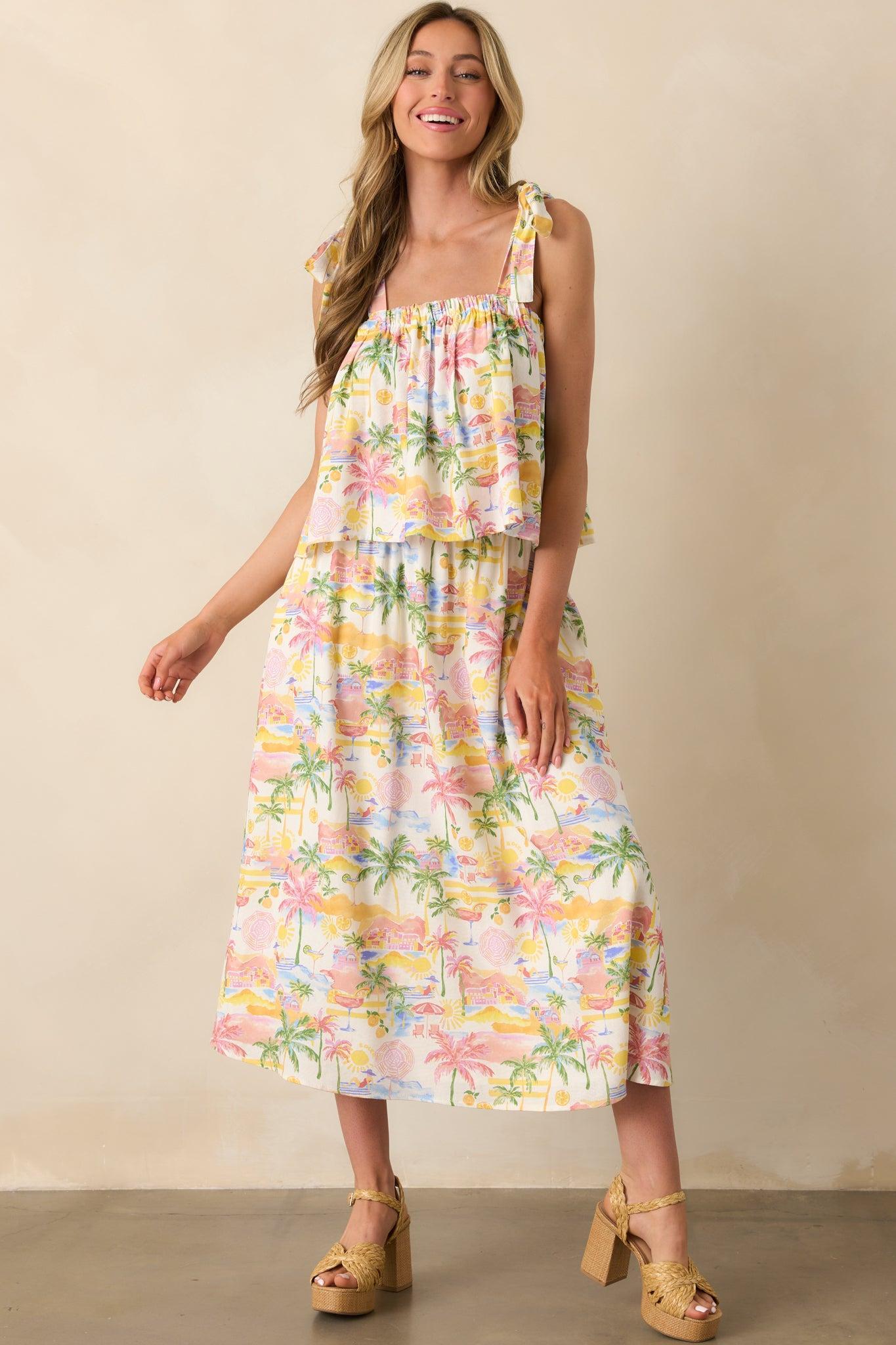 Seaside Bliss Ivory Multi Tropical Print Linen Maxi Skirt Product Image
