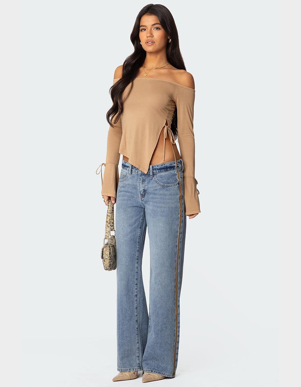 EDIKTED Faux Suede Stripe Low Rise Jeans Product Image