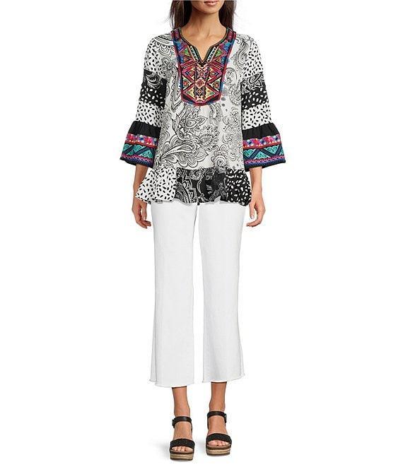 Calessa Petite Size Embroidered Patchwork Print Split V-Neck 3/4 Sleeve Tunic Product Image