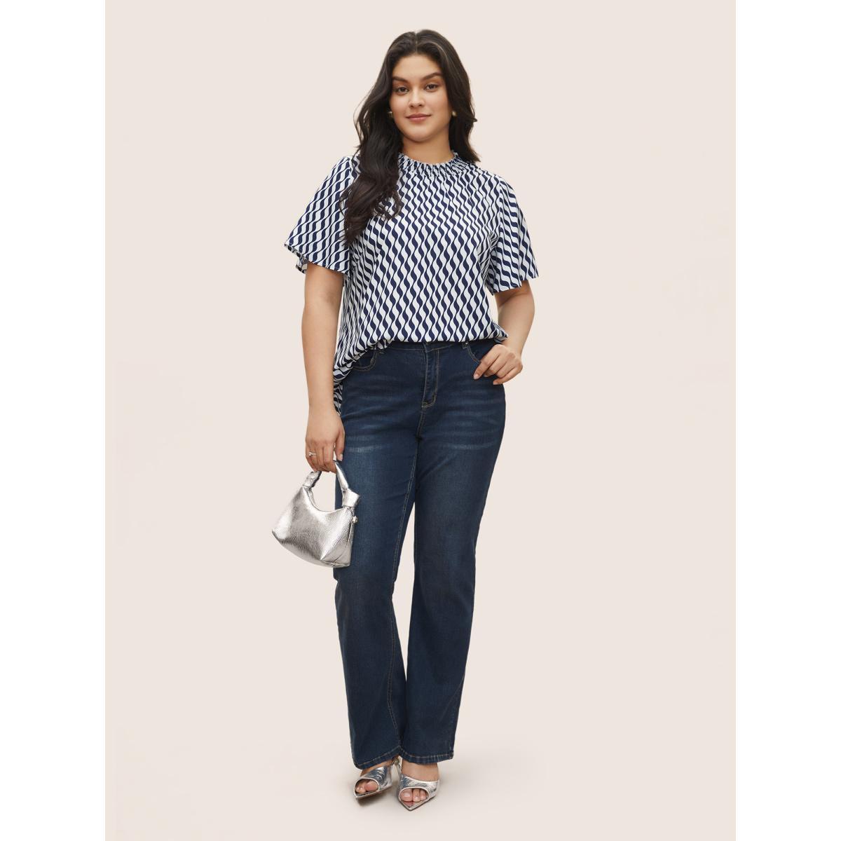 Plus Size Blue Geometric Mock Neck Shirred Ruffle Sleeve Blouse Women At the Office Short sleeve Mock Neck Work Blouses BloomChic 10/M Product Image