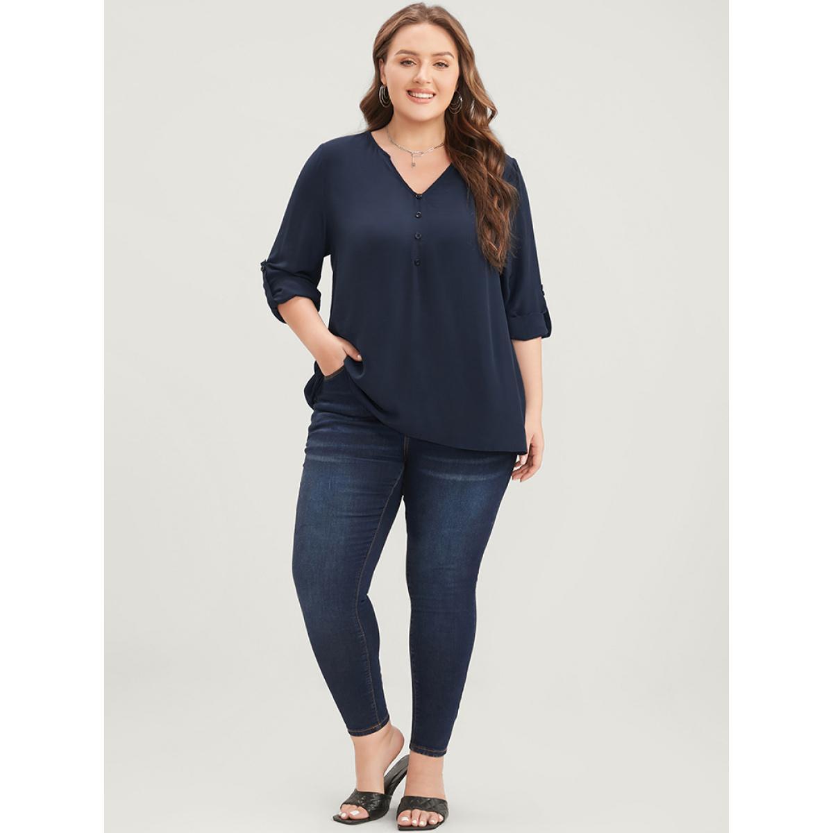Plus Size Midnight Plain V Neck Button Detail Cuffed Sleeve Blouse Women Office Elbow-length sleeve V-neck Work Blouses BloomChic 18-20/2X Product Image