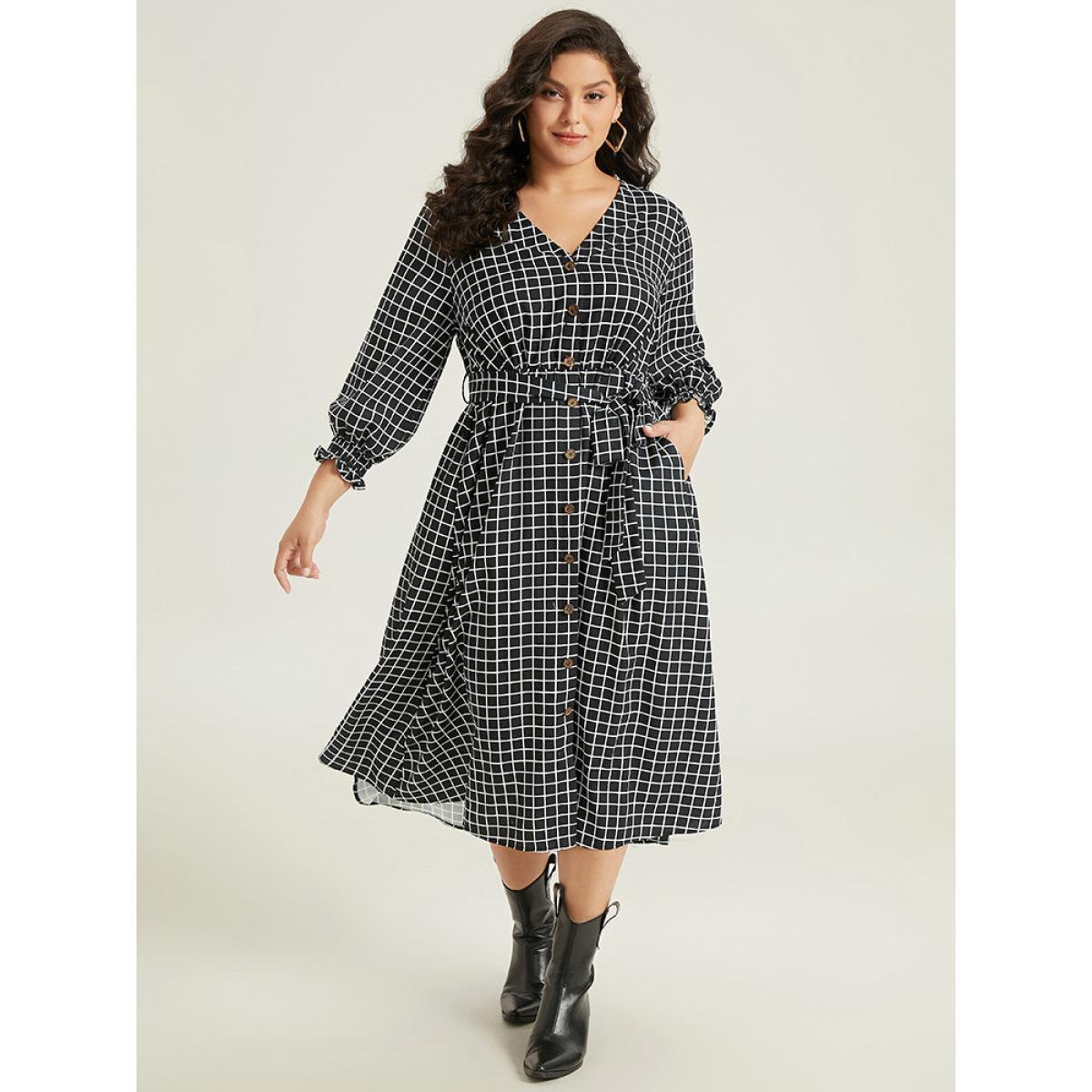 Plus Size Gingham Button Detail Pocket Lantern Sleeve Dress Black Women At the Office Belted V-neck Long Sleeve Curvy Midi Dress BloomChic 14-16/1X Product Image