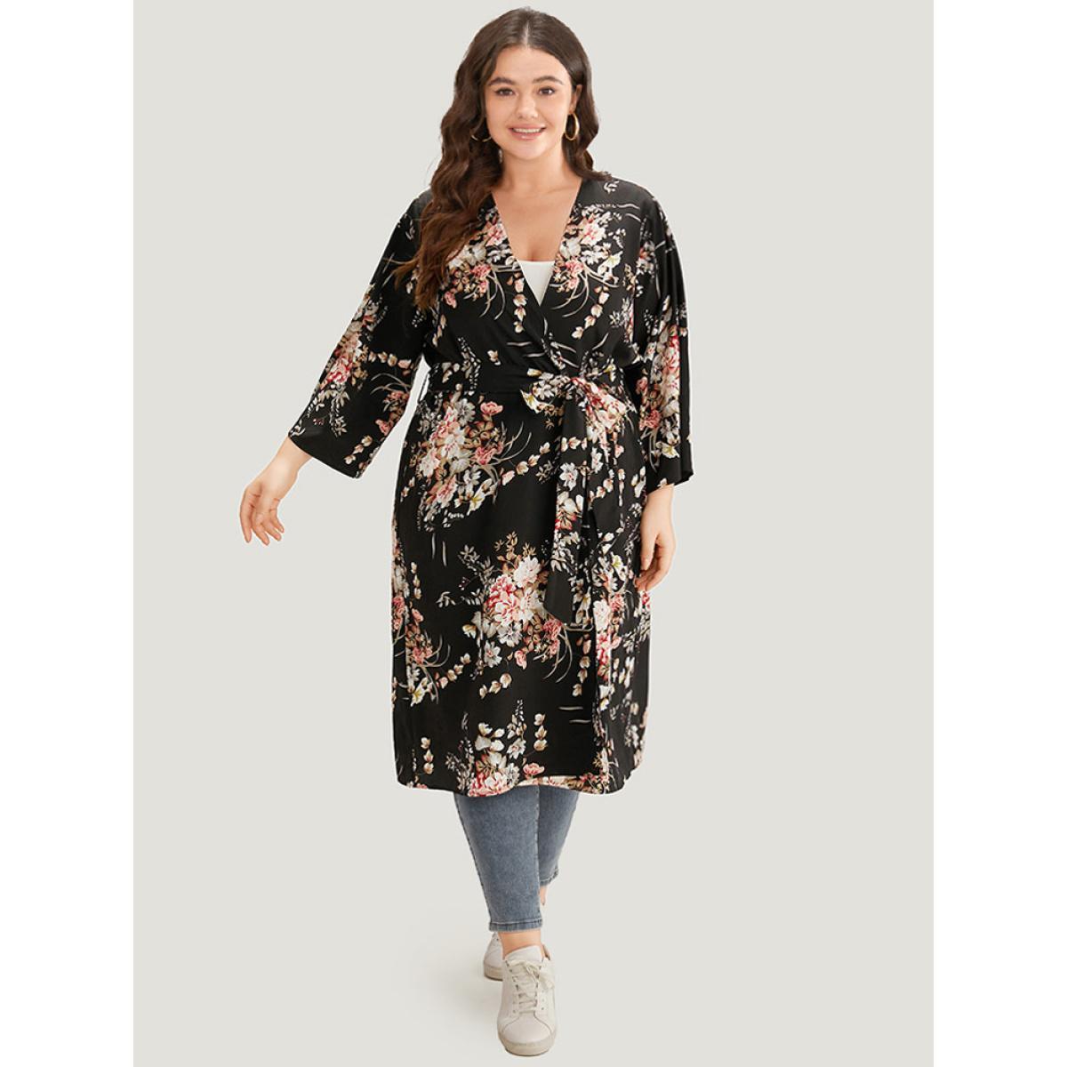 Plus Size Boho Print Belted Open Front Kimono Women BlackFlower Casual Belted Belt Dailywear Kimonos BloomChic 12/L Product Image