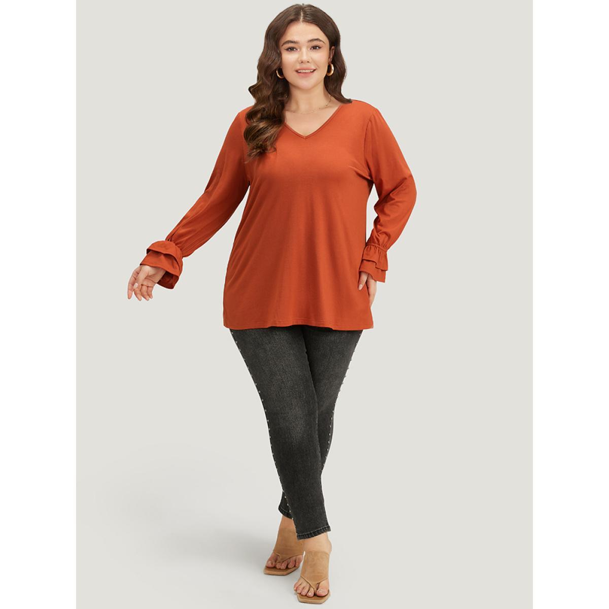 Plus Size Halloween Solid V Neck Layered Sleeve T-shirt Rust Women Elegant Plain Plain V-neck Festival-Halloween T-shirts BloomChic 18-20/2X Product Image