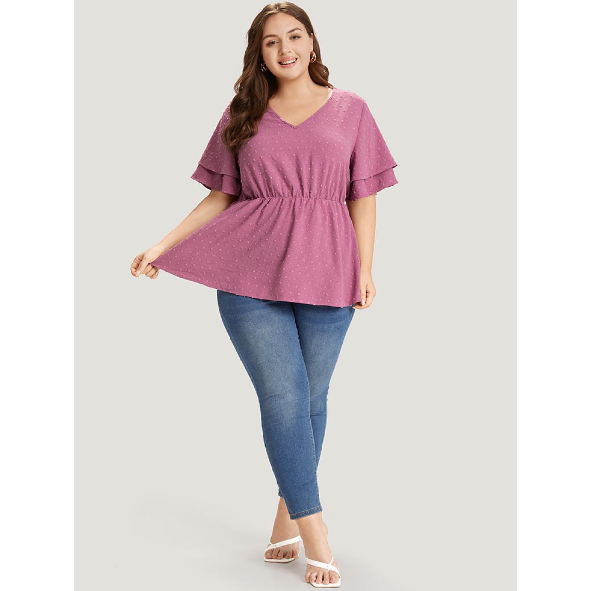 Plus Size Purple Polka Dot Elastic Waist Ruffle Sleeve Layered Blouse Women Elegant Short sleeve V-neck Dailywear Blouses BloomChic 28/5X Product Image