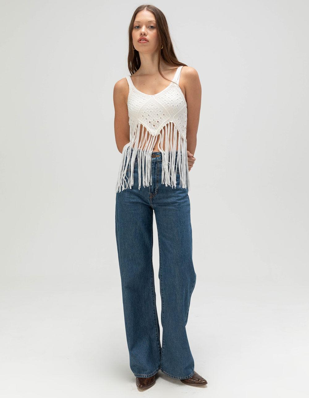 WEST OF MELROSE Crochet Fringe Womens Sweater Tank Top - CREAM Product Image