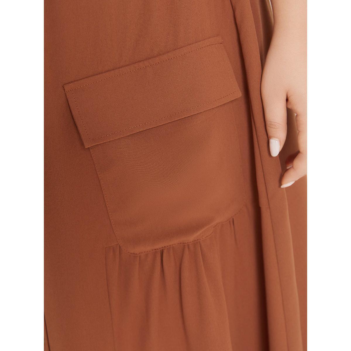 Plus Size Contrast Button Detail Flap Pocket Gathered Skirt Women OrangeRed Elegant Belted No stretch Pocket Dailywear Skirts BloomChic 26/4X Product Image