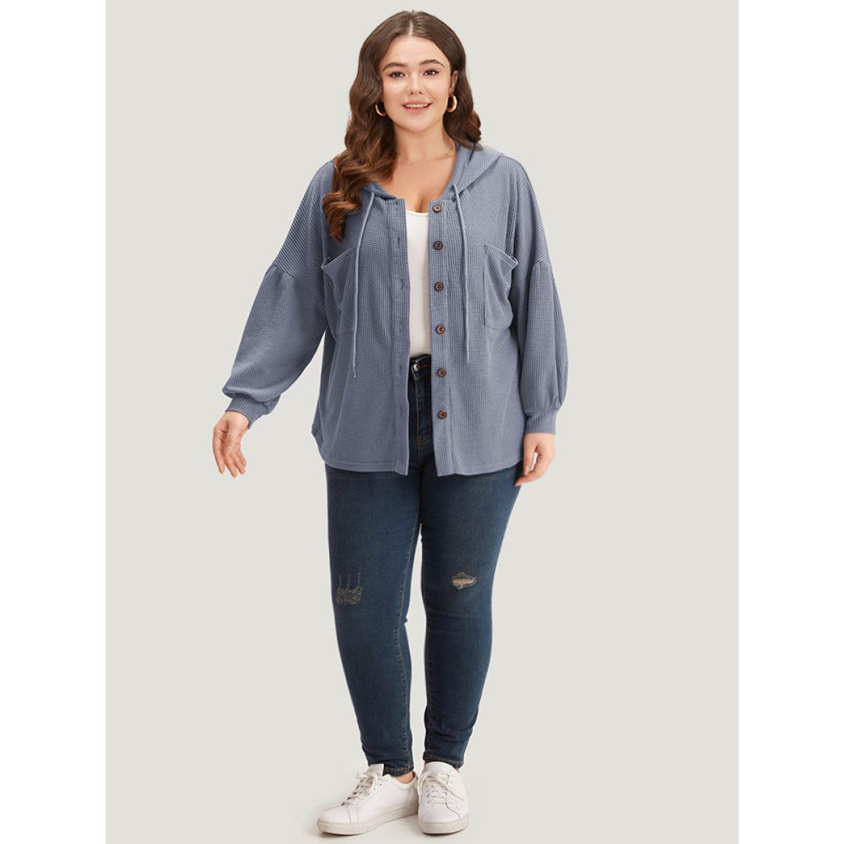Plus Size Plain Texture Pocket Button Through Drawstring Hooded Jacket Women Stone Texture Pocket Dailywear Jackets BloomChic 30/6X Product Image