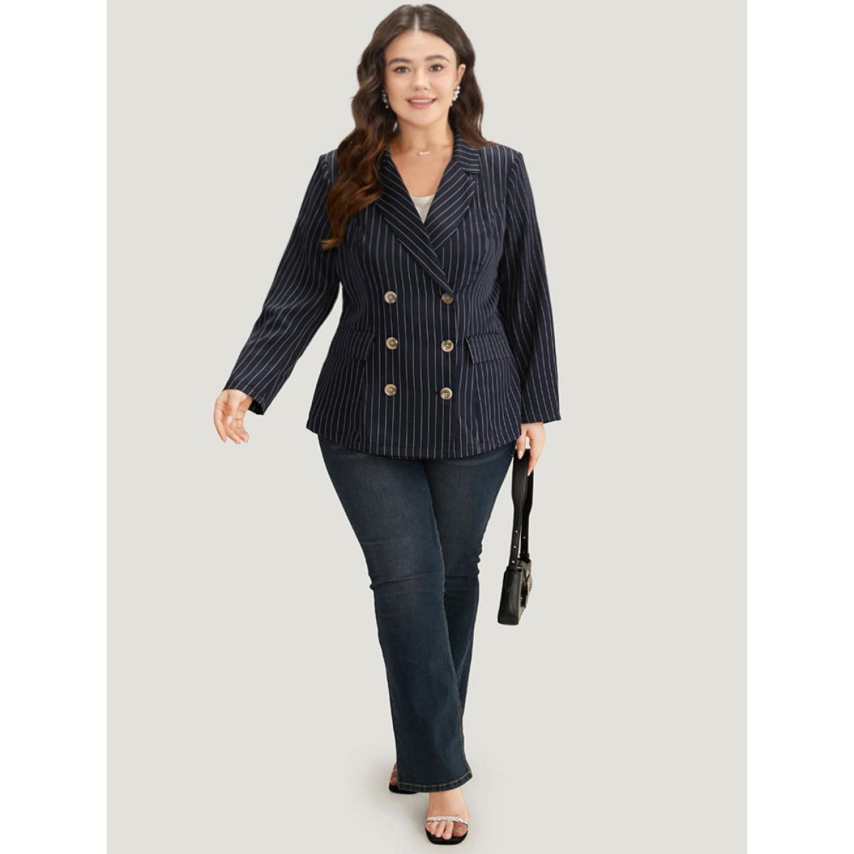 Plus Size Suit Collar Striped Double Breasted Blazer Blue Women Work Striped Button Sleeve Long Sleeve Suit Collar 12/L Pocket Office Blazers BloomChic Product Image