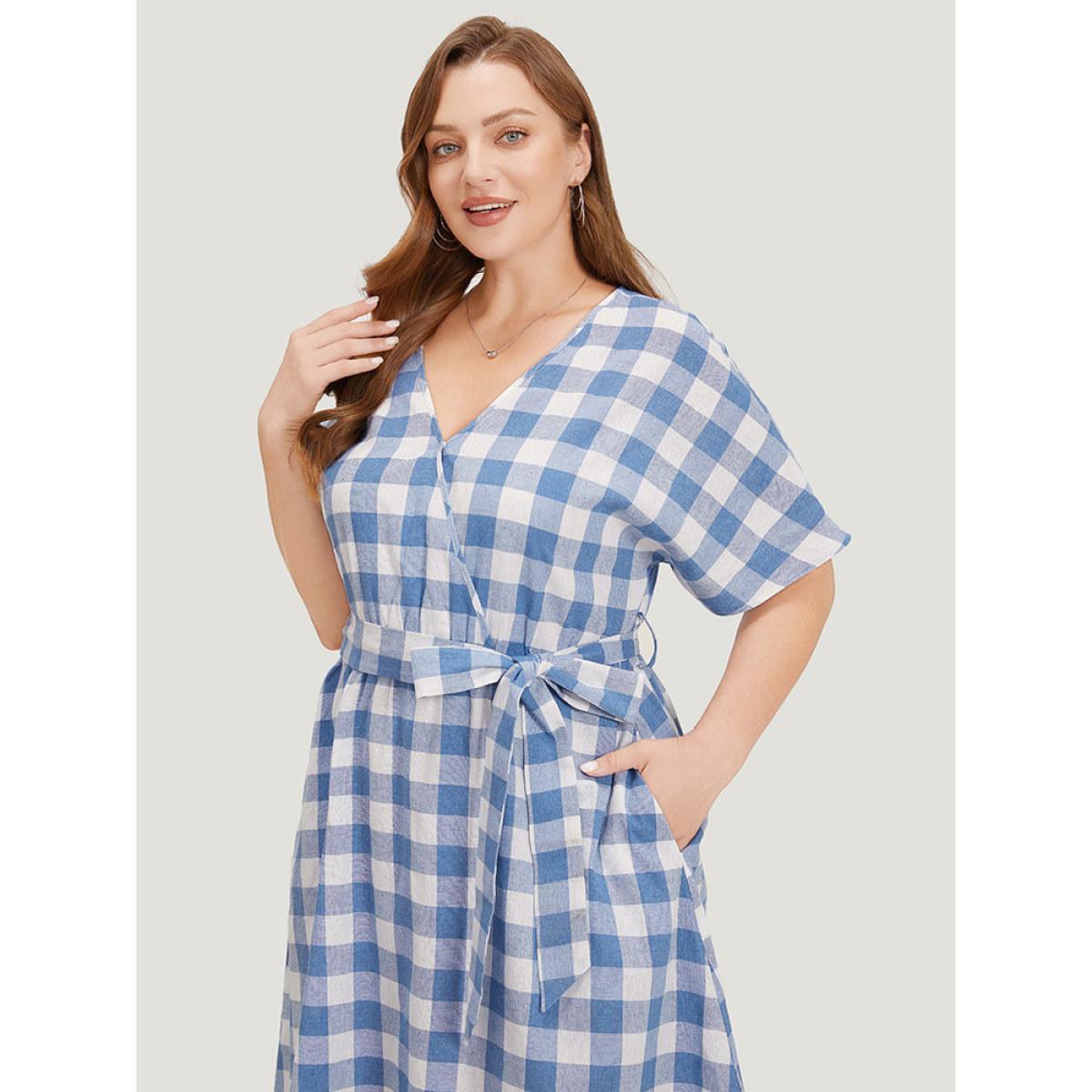 Plus Size Colour Plaid Belted Surplice Neck Ruffles Dress LightBlue Women Vacation Wrap V-neck Short sleeve Curvy Midi Dress BloomChic 12/L Product Image