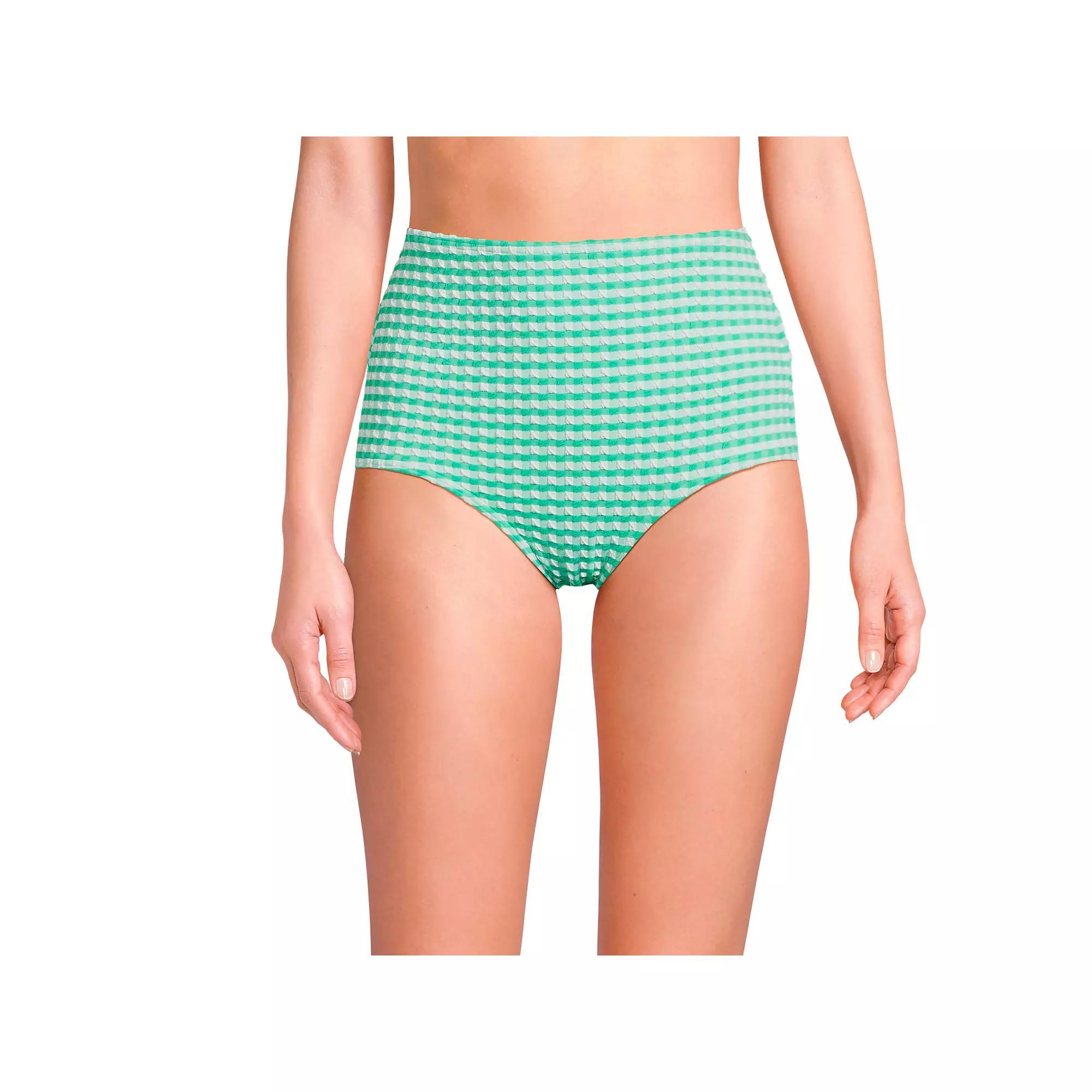 Women's Lands' End Gingham High Waisted Tummy Slimming Tugless Bikini Bottoms, Size: Large, Navy White Gingham Product Image