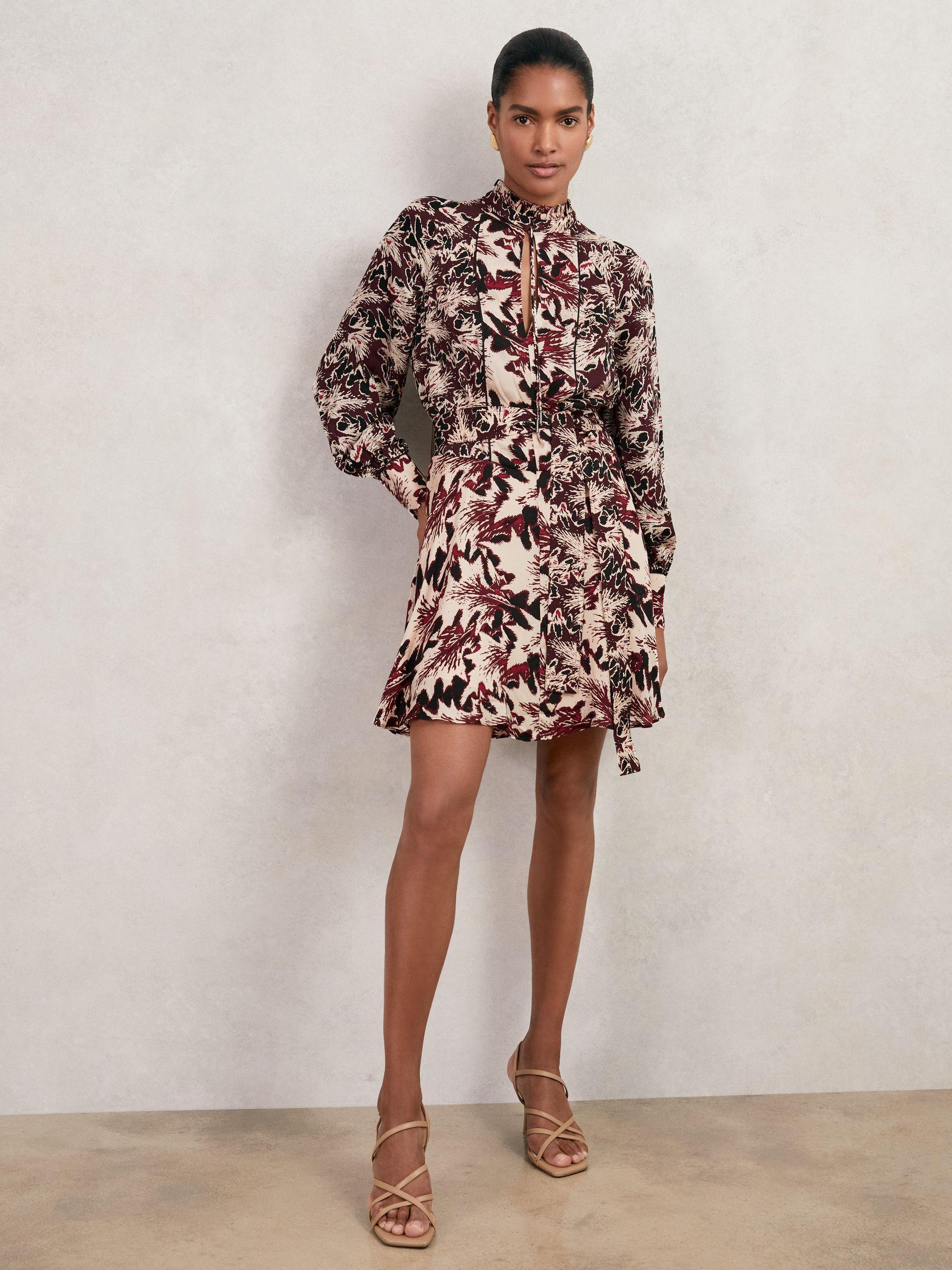 Printed Tie-Waist Flippy Mini Dress in Burgundy/Cream Product Image