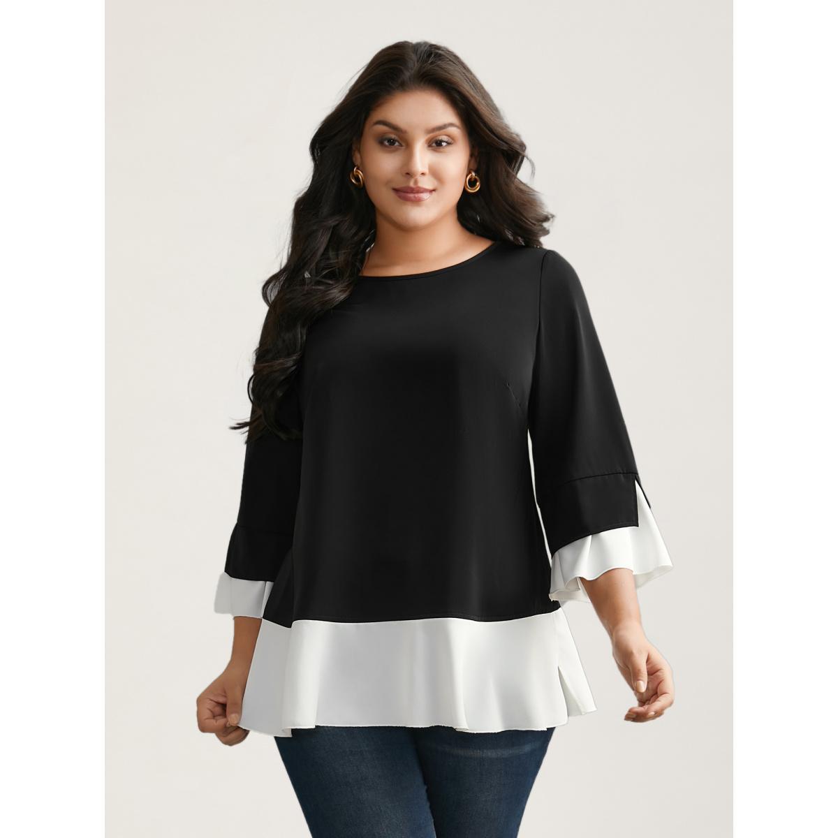 Plus Size Black Contrast Patchwork Bell Sleeve Blouse Women Elegant Elbow-length sleeve Round Neck Everyday Blouses BloomChic 18-20/2X Product Image