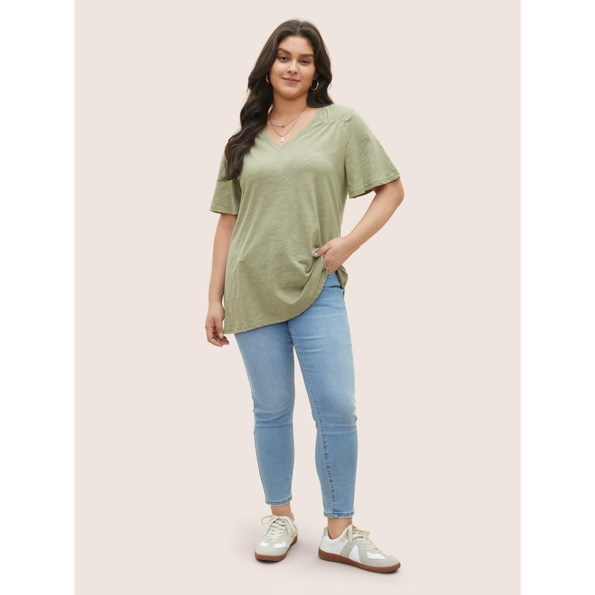 Plus Size Plain Ruffle Sleeve Heather V Neck T-shirt Sage Women Casual Plain V-neck Everyday T-shirts BloomChic 22-24/3X Product Image