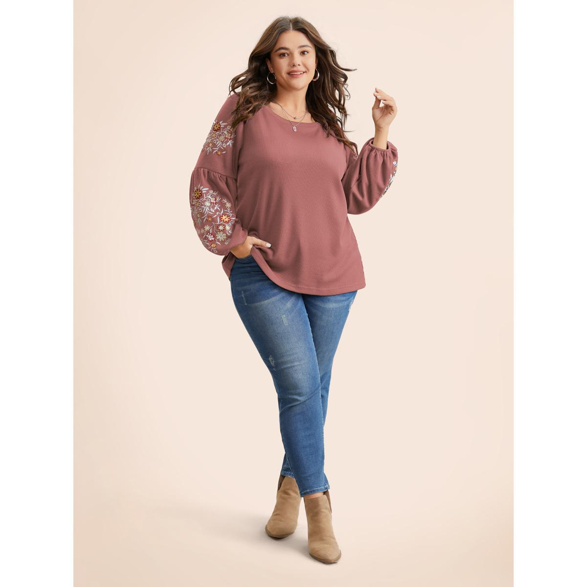 Plus Size Waffle Knit Floral Embroidered Lantern Sleeve T-shirt DustyPink Women Elegant Texture Floral Round Neck Everyday T-shirts BloomChic 28/5X Product Image