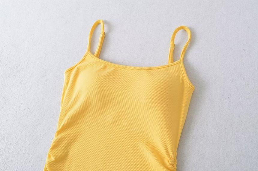Spaghetti Strap Scoop Neck Plain Ruched Mini A-Line Dress Product Image